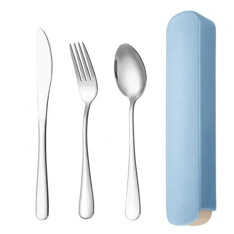 Juego de cubiertos portátiles de acero inoxidable de 3/4 piezas con caja de almacenamiento, palillos, tenedor, cuchara, cuchillo, juego de vajilla de viaje, cubiertos para acampar