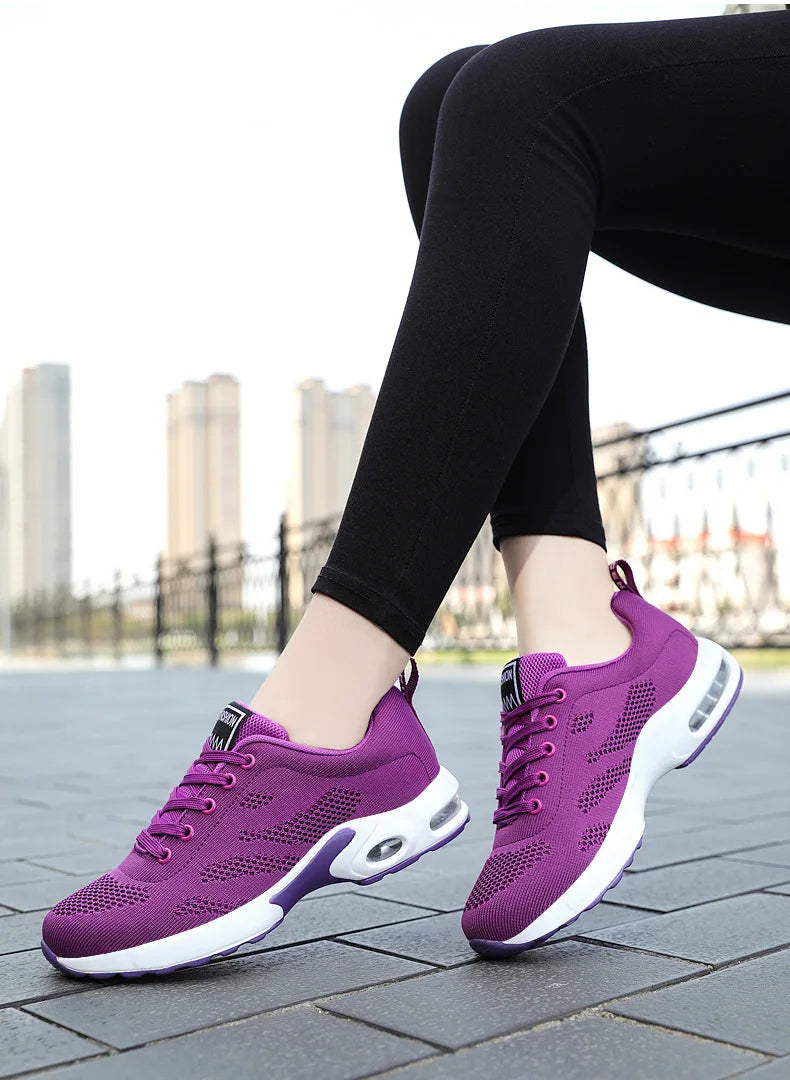 Zapatos deportivos transpirables con amortiguación de aire para mujer, zapatillas informales con cordones cruzados y tacón plano con punta redonda de estilo coreano