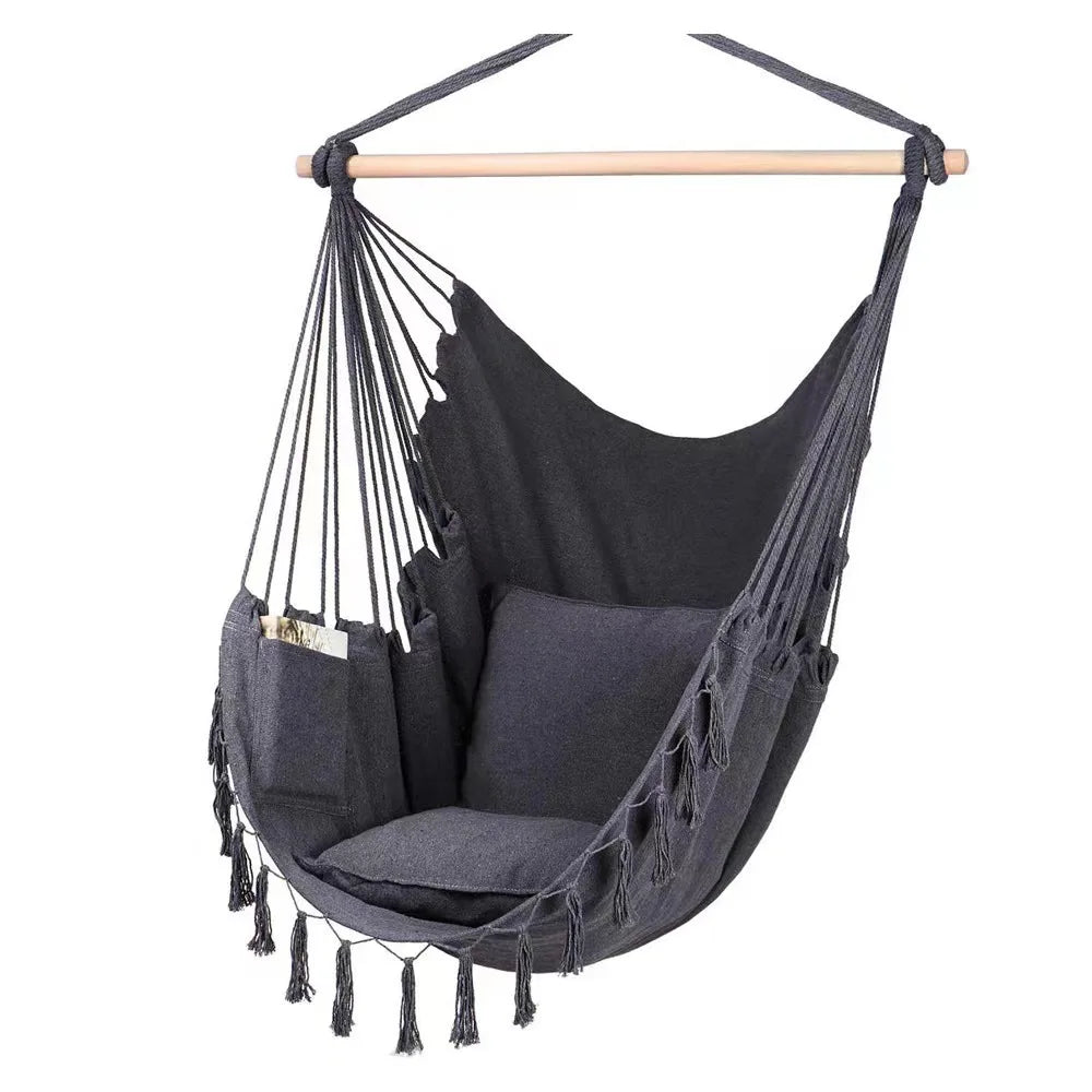Silla Colgante de Macramé con 2 Almohadas |   Columpio de Cuerda de Algodón con Capacidad para 500 lb |   Diseño de bolsillo para uso en interiores/exteriores