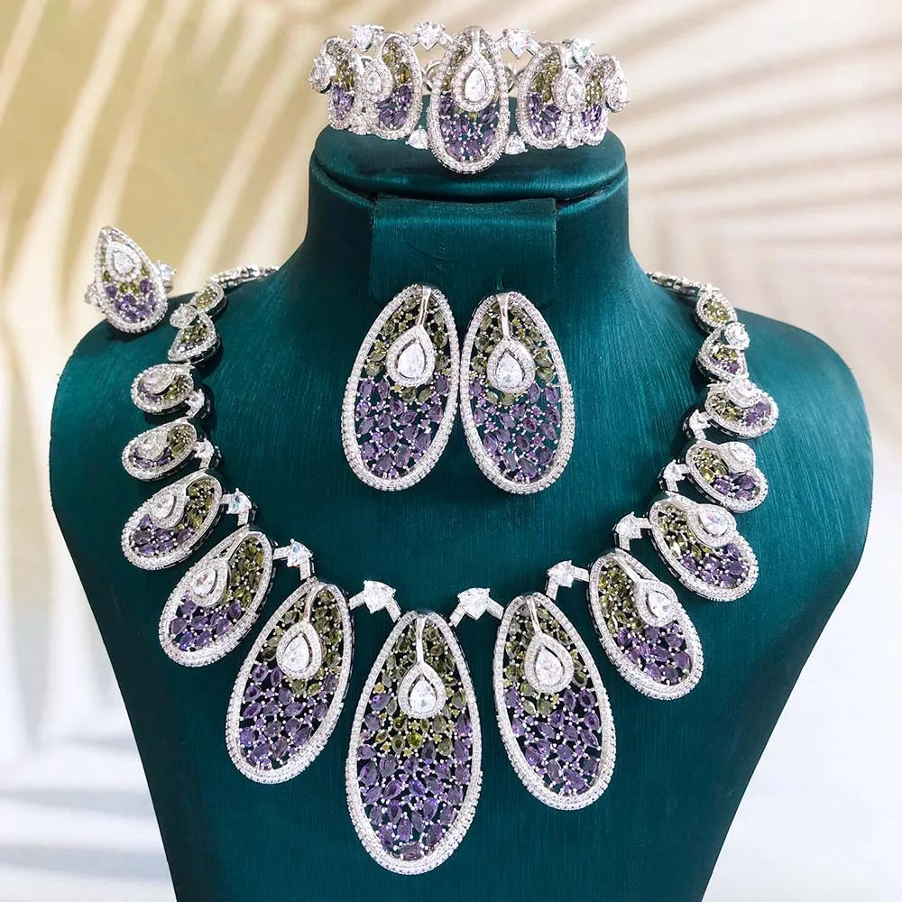 GODKI Nuevo Conjunto de Joyería de Alta Gama con Circonita Azul India para Mujer, Set de Collar y Pendientes para Boda, Collar Nupcial de Circonita Cúbica Estilo Dubái 2026