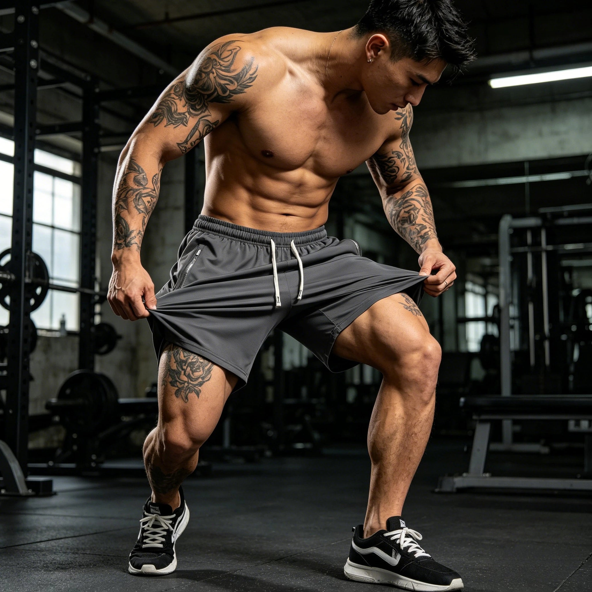 Pantalones cortos de verano para hombre, de color liso, deportivos y casuales, cintura elástica con cordón, bolsillos laterales con cremallera, corte holgado, tela de alta elasticidad