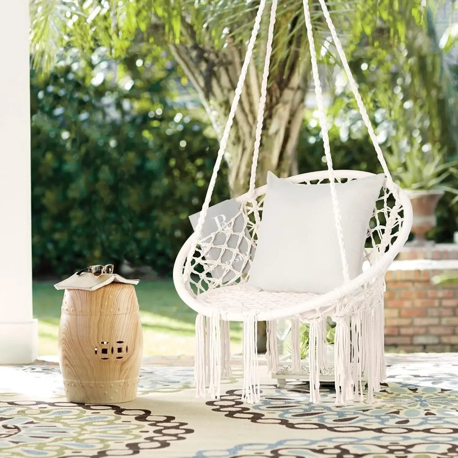 Silla Columpio de macramé para exteriores, hamaca de cuerda tejida a mano, hamaca con parada en Y para el hogar, dormitorio, Patio, terraza Y jardín interior