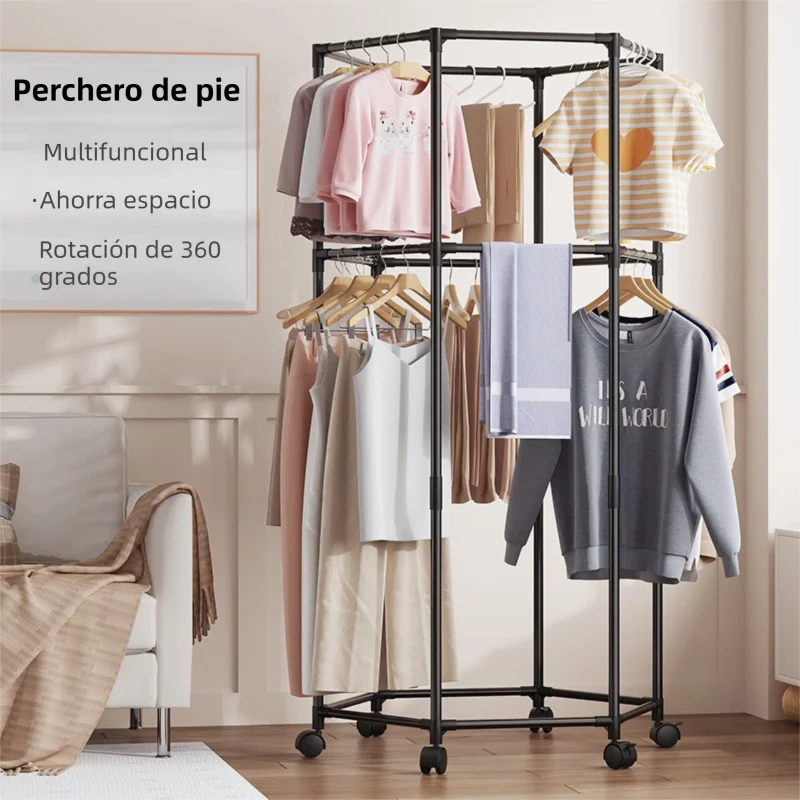 Perchero de Pie Hexagonal Giro, Perchero para Dormitorio, Cuerda de Secar Ropa Interior, Organizador Móvil de Ropa y Sombreros, Doble Capa y Desmontable