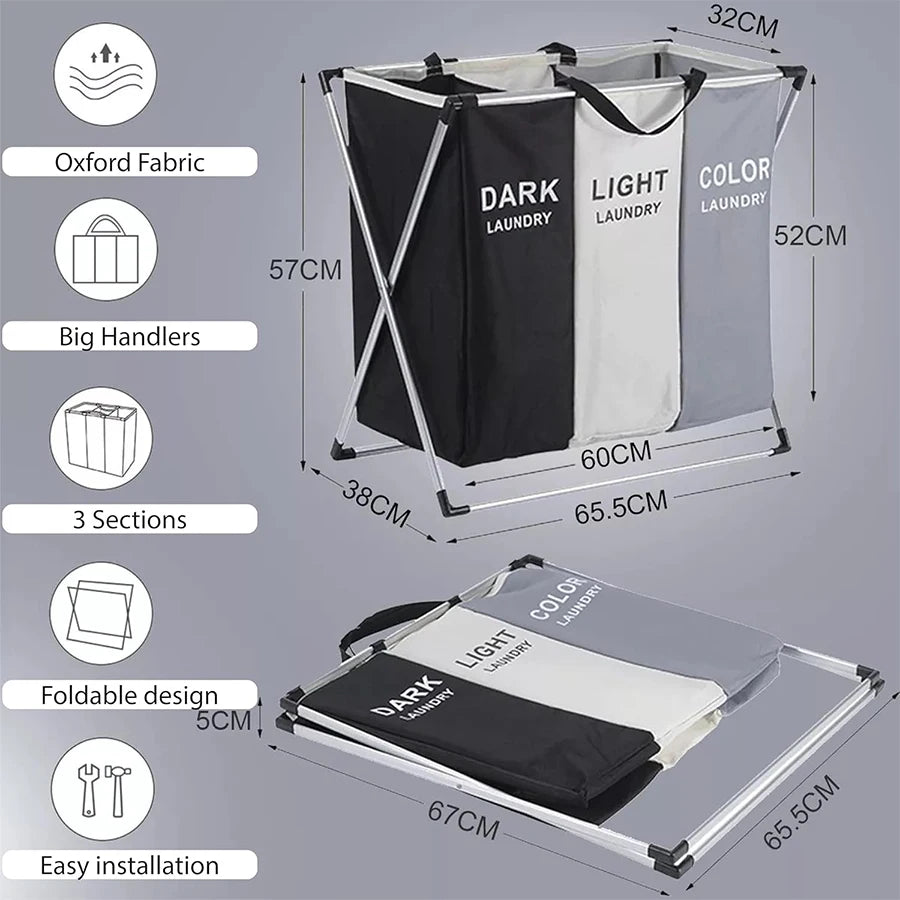 Cesto para ropa sucia con 3 compartimentos y cubierta de malla, marco de aluminio plegable, clasificador de ropa para baño, dormitorio, guardería.