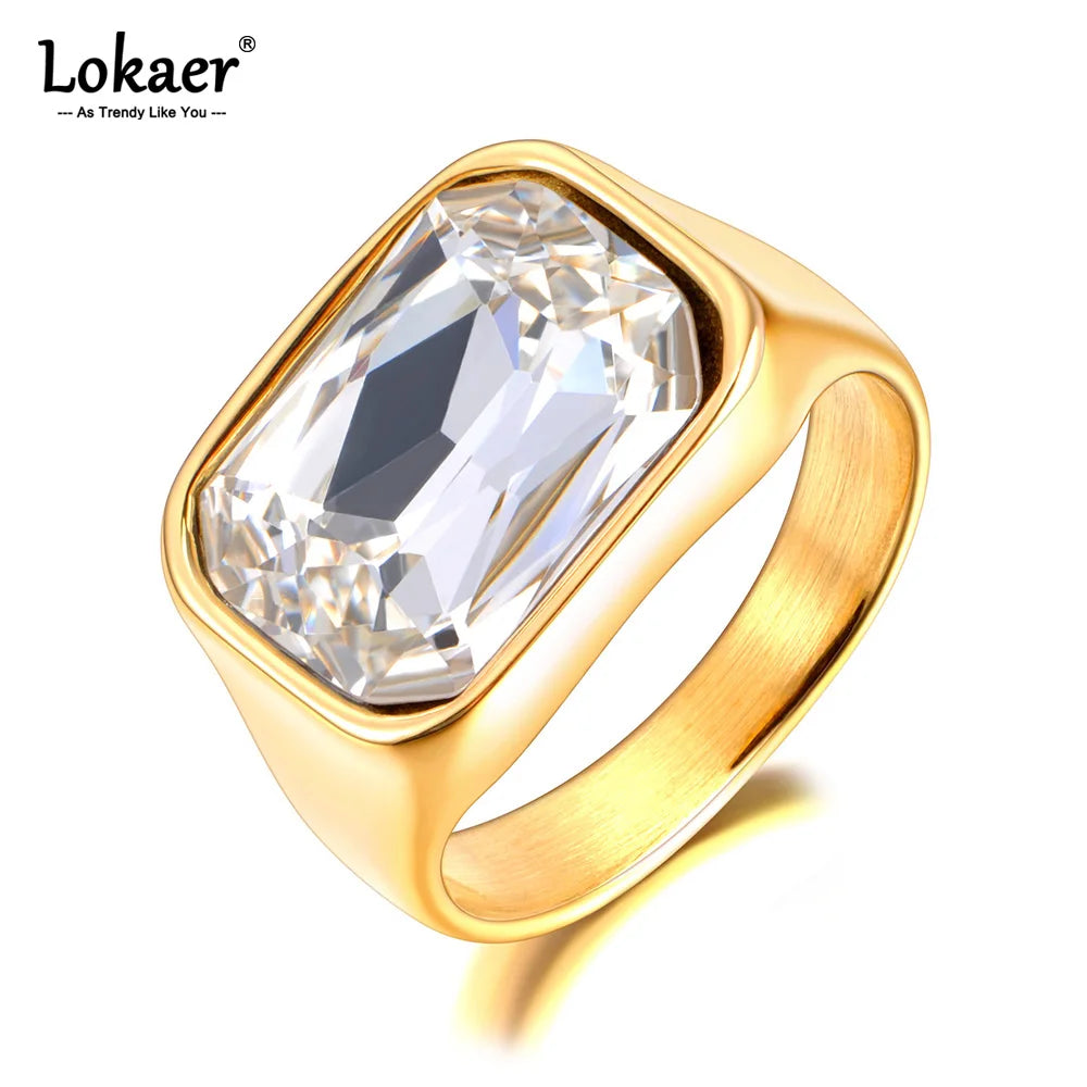 Lokaer, anillo de boda de acero inoxidable con circonita cúbica brillante de lujo, chapado en oro de 18 quilates PVD, joyería resistente al agua R24007