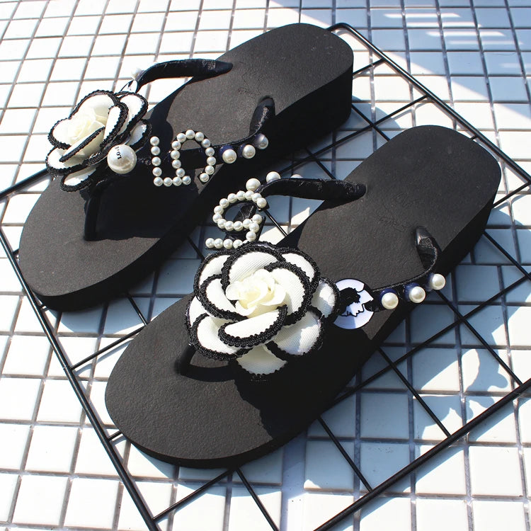 Sandalias Hechas a Mano con Suela Plana Antideslizante, Decoradas con Perlas, con Diseño de Flor de Camelia, Chanclas de Play...