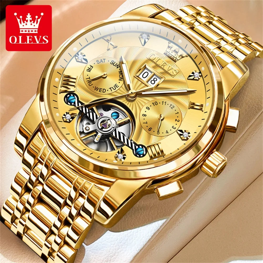 OLEVS 9910 Reloj para hombre Tourbillon de lujo Original Reloj mecánico automático Reloj luminoso resistente al agua con fecha y día con caja Reloj