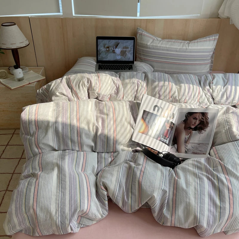 Juego de cama suave de algodón 100%, funda nórdica con estampado de rayas y funda de almohada, ropa de cama, colcha, fundas de almohada, juegos de edredón