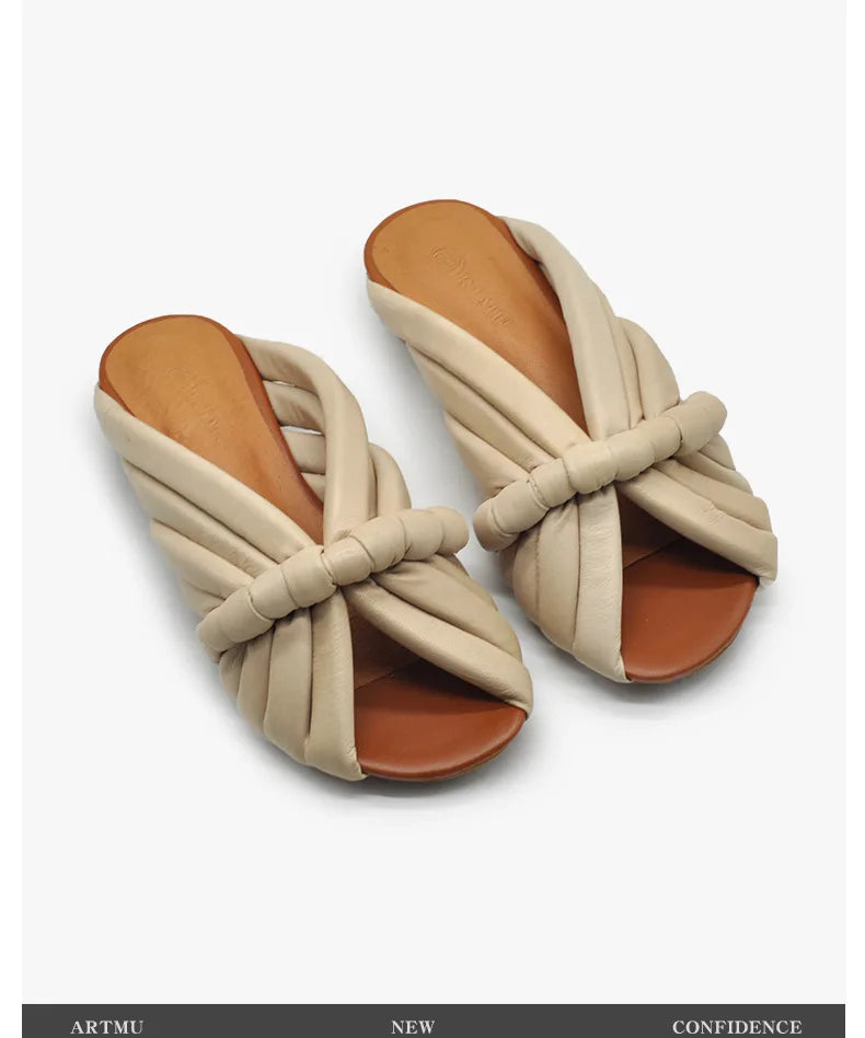 Sandalias Planas de Cuero Genuino para Mujer, Verano 2026, Diseño Abierto con Correa Anudada Única, para Uso en Exteriores