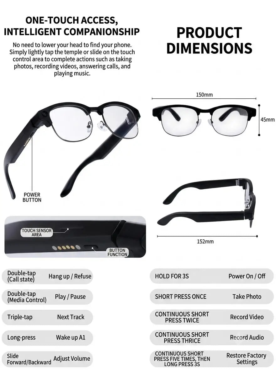 Gafas Inteligentes con Cámara para Hombre, Grabación de Video 4K, Reconocimiento de IA, Llamadas Bluetooth, Traducción de Voz, Anti Luz Azul para Mujer, para Trabajar