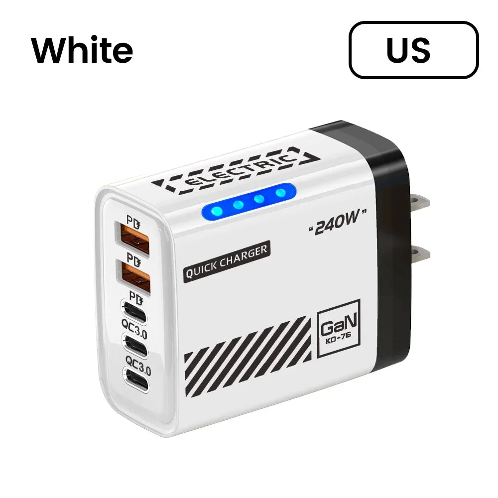 Cargador Rápido de Teléfono de 240W, Enchufe US/EU, QC3.0 PD USB, 5 Puertos, Cabezal de Carga GaN con Luz LED para iPhone 17 16, Samsung, Huawei