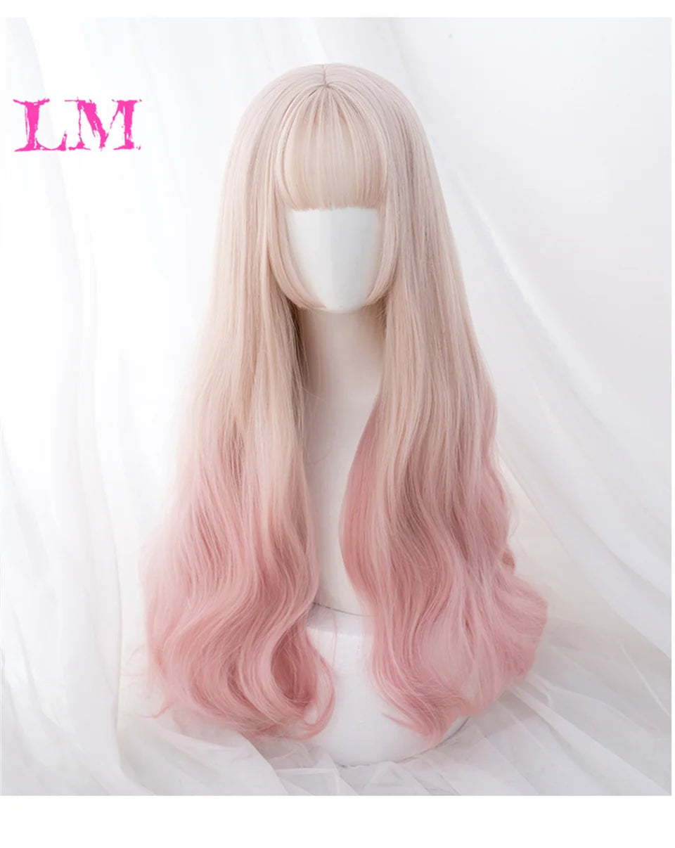 LM Rubio sintético Ombre mezclado rosa Rubio largo ondulado pelucas con flequillo Cosplay fiesta uso fibra resistente al calor para mujeres