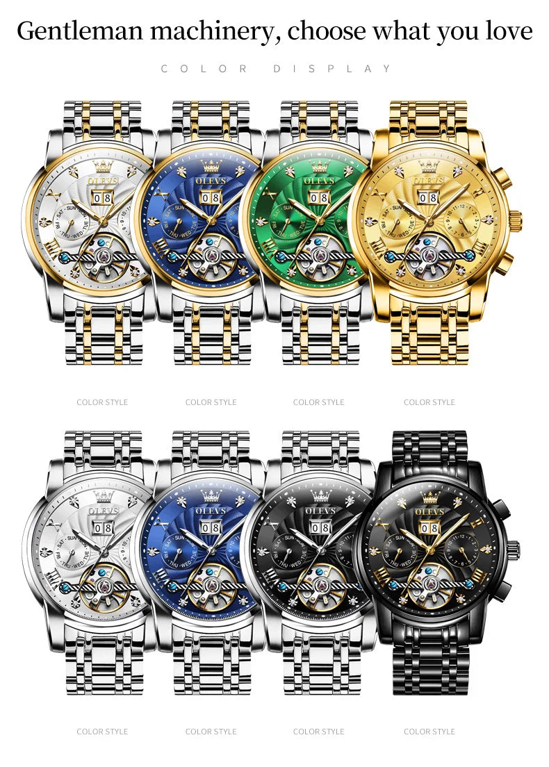 OLEVS 9910 Reloj para hombre Tourbillon de lujo Original Reloj mecánico automático Reloj luminoso resistente al agua con fecha y día con caja Reloj