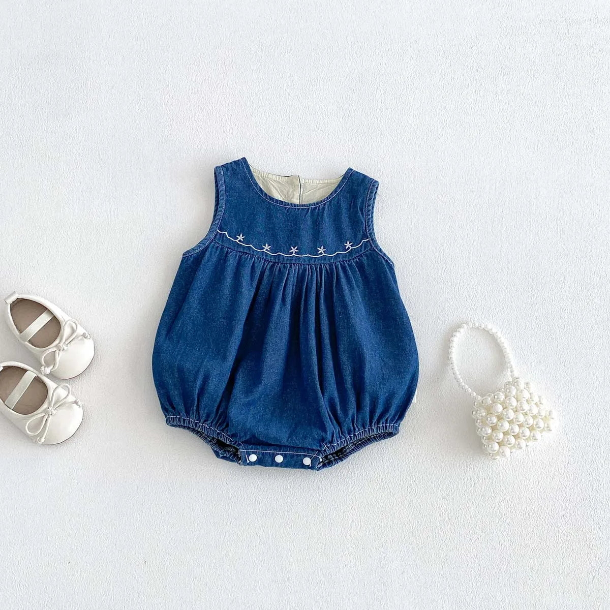 Mono vaquero sin mangas para bebés y niñas con bordado de estrellas, mono informal para uso diario y sesiones de fotos