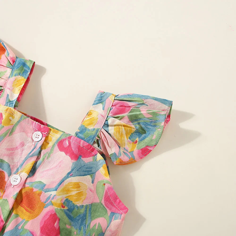 Conjunto de verano de 2 piezas con tirantes y pantalones cortos para niña, Top con tirantes de manga voladora pequeña con estampado de tulipán de dibujos animados