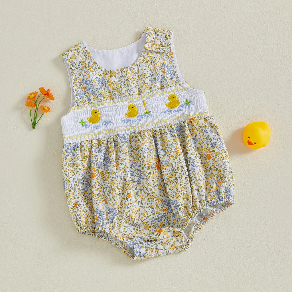 Lindo pelele de verano para bebé niña con bordado de pato, sin mangas, cuello redondo, dulce mono floral, trajes de sol