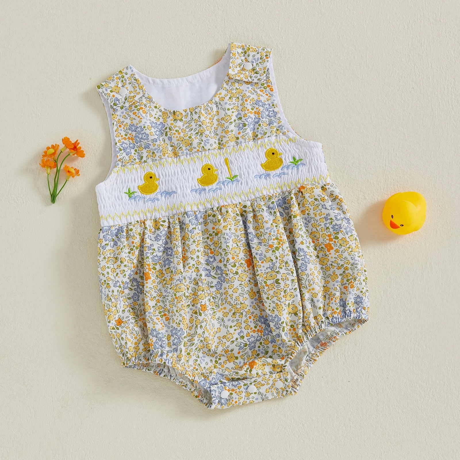 Lindo pelele de verano para bebé niña con bordado de pato, sin mangas, cuello redondo, dulce mono floral, trajes de sol