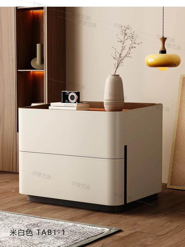 Mesita de Noche de Cuero con Cajones, Almacenamiento Estético para Dormitorio, Mesitas de Noche Modernas de Lujo, Muebles para el Hogar que Ahorran Espacio