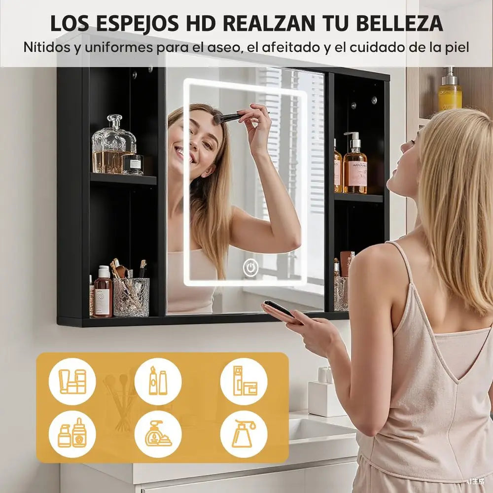 Espejo para Baño con Gabinete y Luz LED, Botiquín con Espejo, Gabinete para Baño, 3 Temperaturas de Color, 40.5x60.5cm, 6 Com