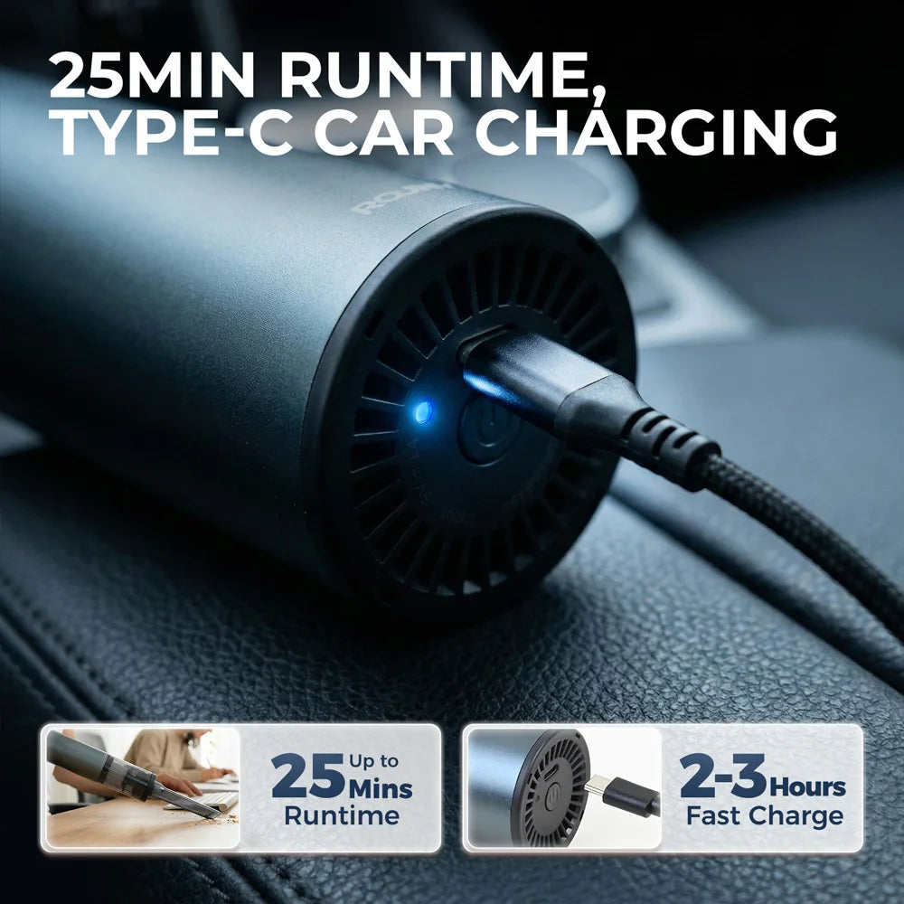 ROUNY Mini aspiradora inalámbrica de mano, succión y soplador sin escobillas de 2 velocidades, 70W, carga tipo C, para coche/hogar/teclado