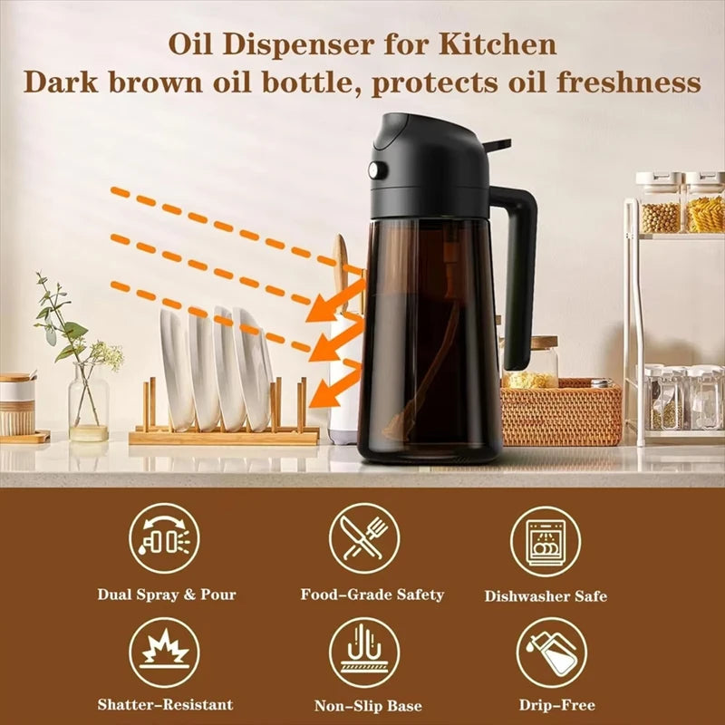 Dispensador y Rociador de Aceite de Vidrio 2 en 1, 16oz/470ml, Antiderrames, para Cocina, Freidora de Aire, Barbacoa, Repostería, Ensaladas - Botella Rociadora de Aceite de Oliva