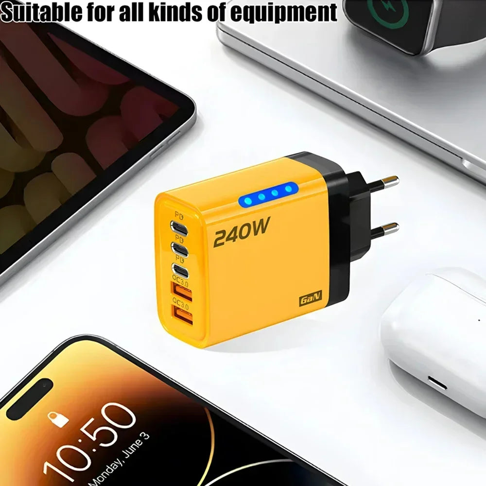Cargador USB C GaN 5 en 1 de 240W, adaptador de carga rápida para teléfono, PD QC3.0, enchufe europeo/estadounidense/británico, cargador de pared para iPhone, Samsung, Xiaomi