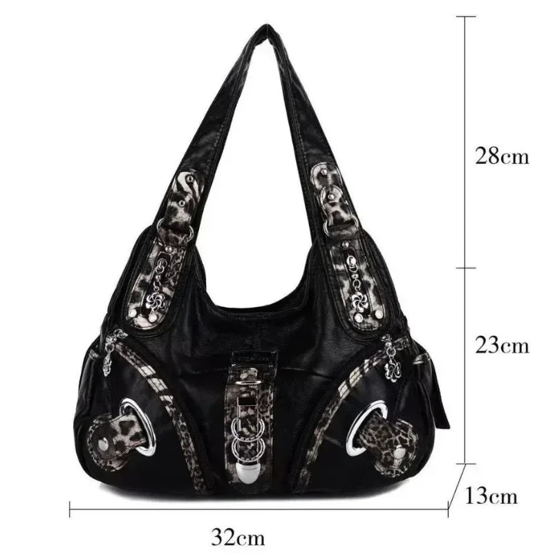 Bolsos de Mano Vintage con Estampado de Leopardo para Mujer, Estilo Punk Biker Y2K, Bolso de Hombro con Asa Superior, Bolsos de Axila para Dama, con Múltiples Bolsillos