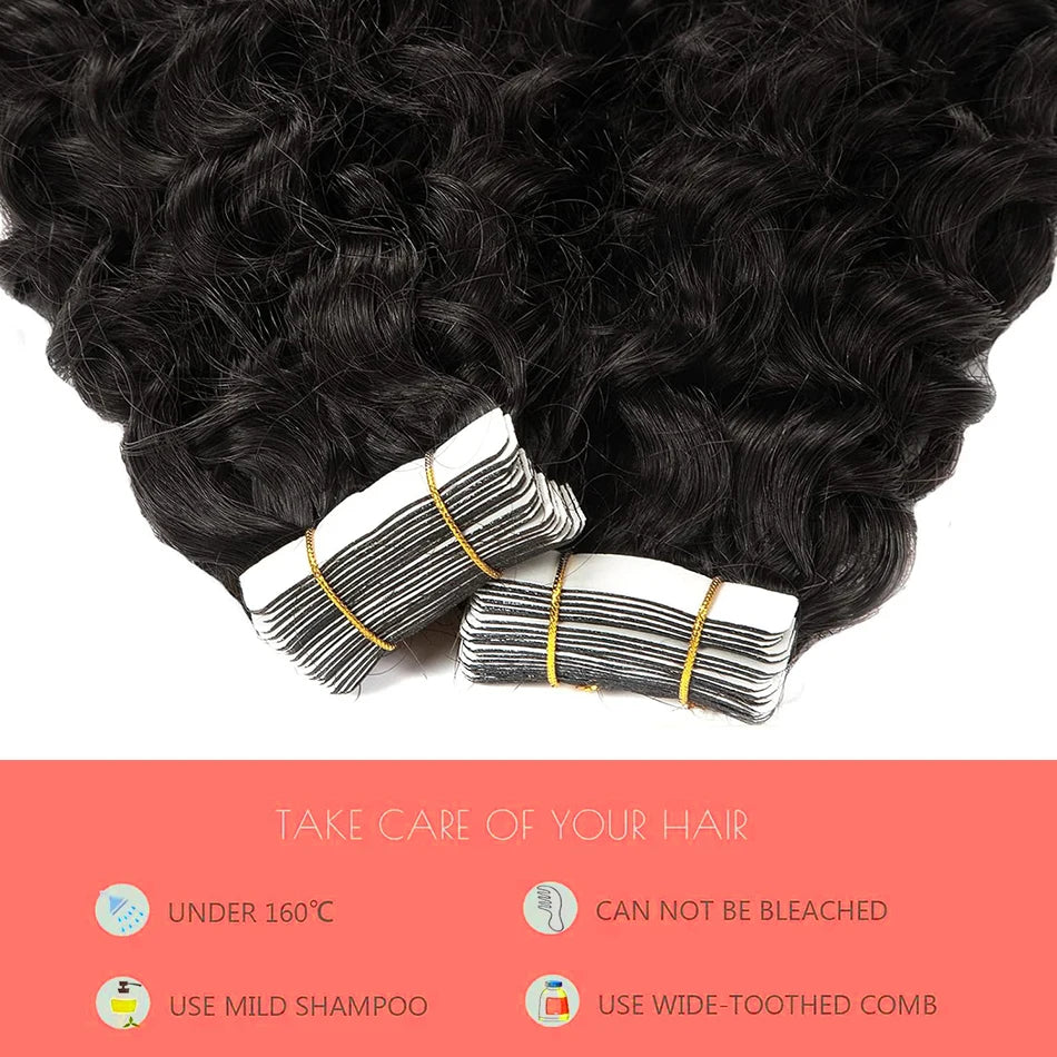 Cinta de onda de agua en extensión de cabello humano, cinta de trama de piel de cabello brasileño en cabello humano rizado, Color negro, marrón y Rubio, 20 piezas por juego