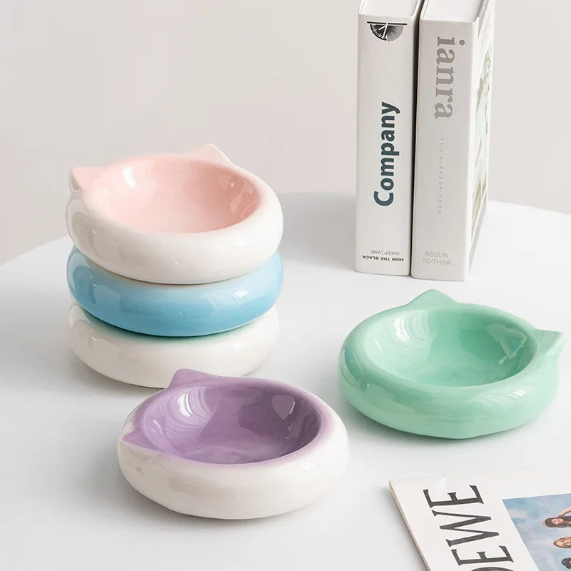 Cuenco de comida con forma de oreja de gato de fondo plano de cerámica creativo, plato de comedor, suministros antisuciedad para mascotas, cuenco para beber