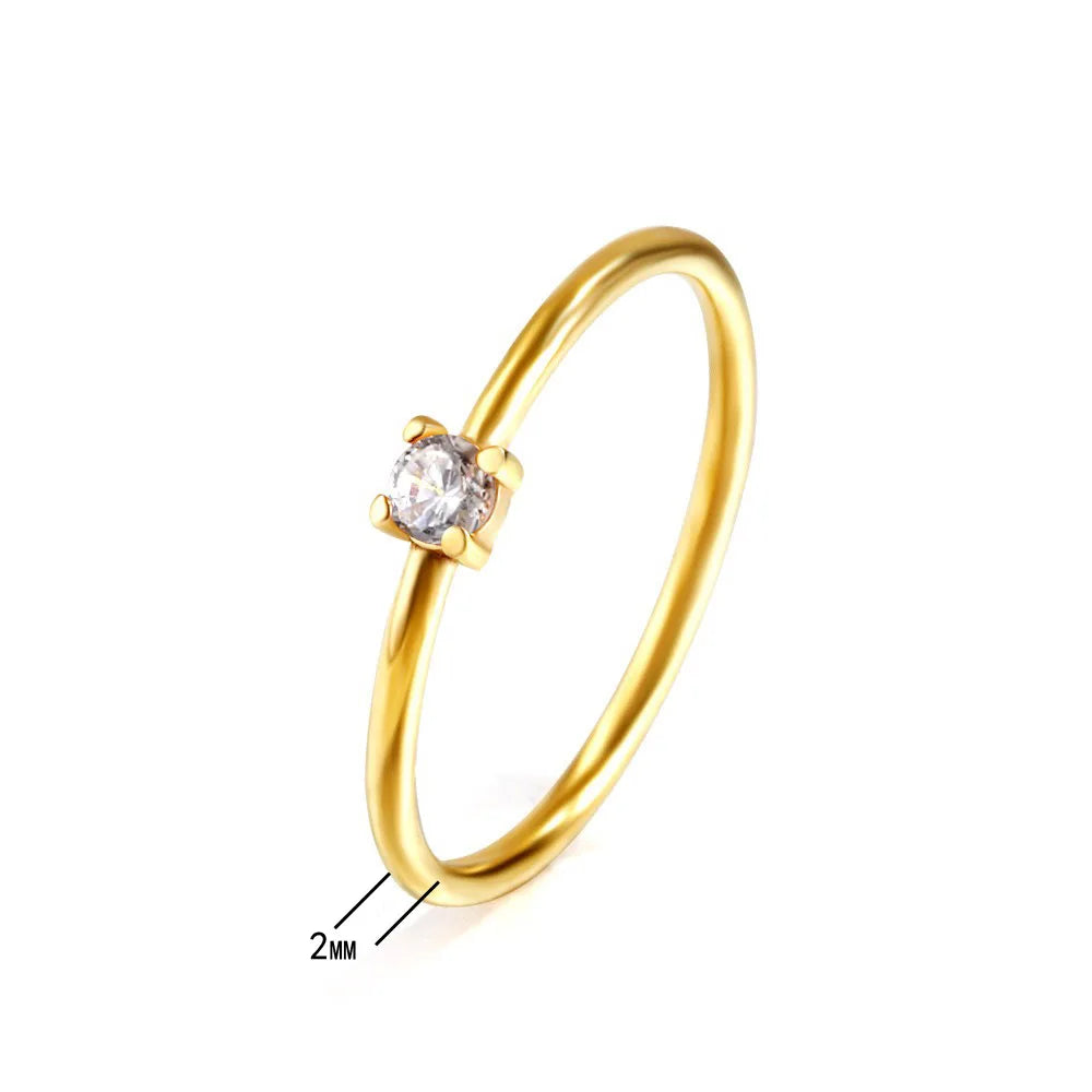 Anillo fino de circonita brillante de acero inoxidable de 2 mm para mujer, joyería chapada en oro