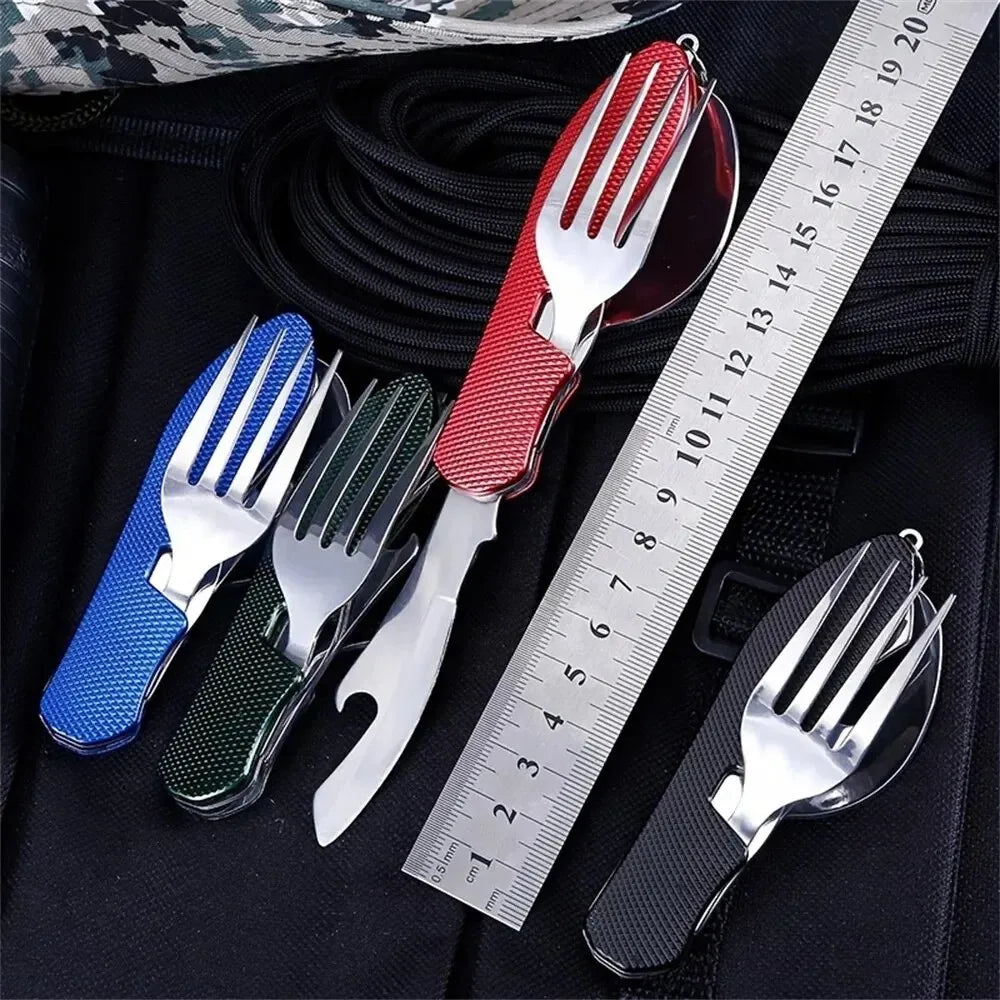 Juego de utensilios de camping plegables 4 en 1, cuchillo multifuncional, tenedor, cuchara, abridor de botellas para supervivencia al aire libre, deportes, camping y senderismo.
