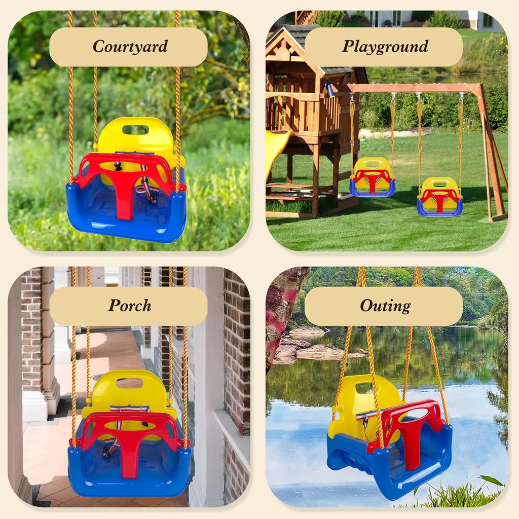 Asiento de columpio para bebé 3 en 1, columpio para niños pequeños, antideslizante y desmontable seguro para bebés y adolescentes, asiento de columpio para patio de juegos exterior