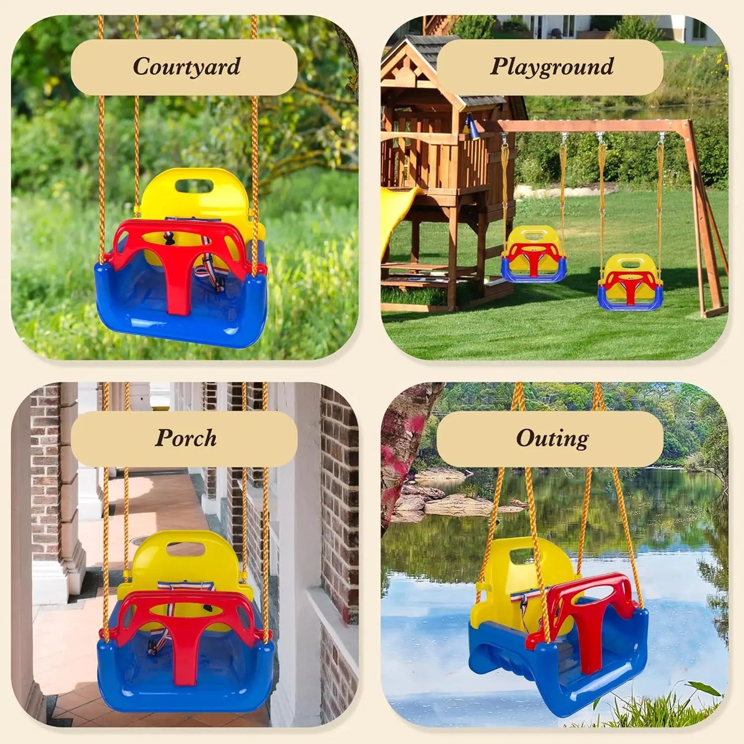 Asiento de columpio para bebé 3 en 1, columpio para niños pequeños, antideslizante y desmontable seguro para bebés y adolescentes, asiento de columpio para patio de juegos exterior
