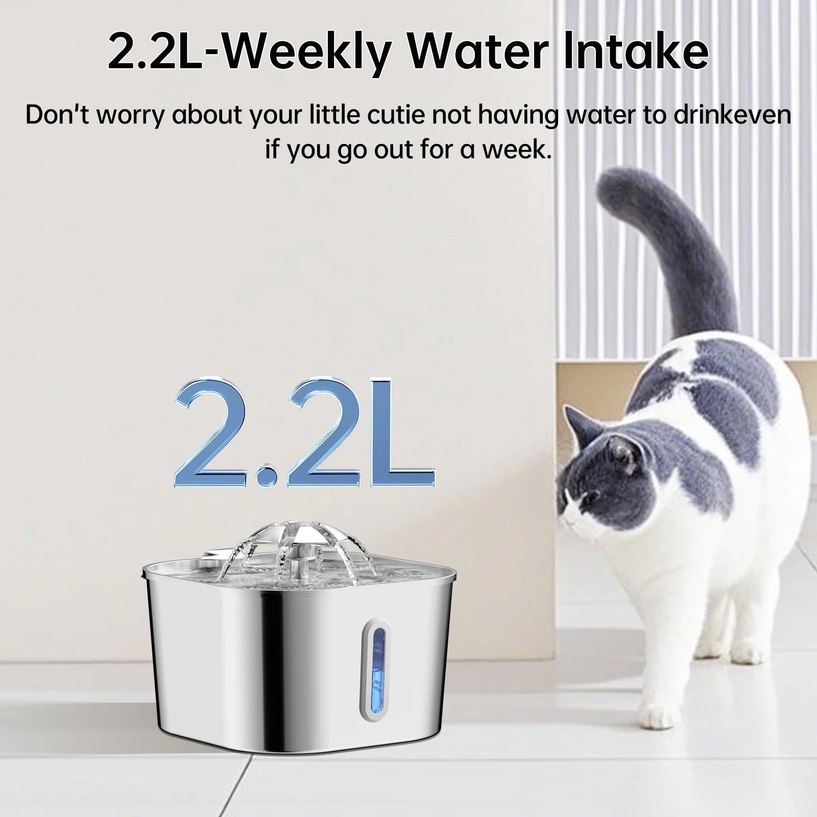 Fuente automática para gatos de 2,2l/74OZ, dispensador de agua para mascotas de acero inoxidable, bomba de agua silenciosa, filtrado de circulación, ventana Visual