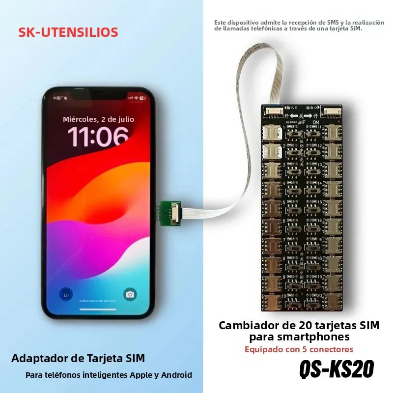 Lector de Tarjetas SIM Múltiples con 20 Ranuras, Adaptador de Tarjetas SIM Universal para Android y Apple, Expansión de Gran Capacidad