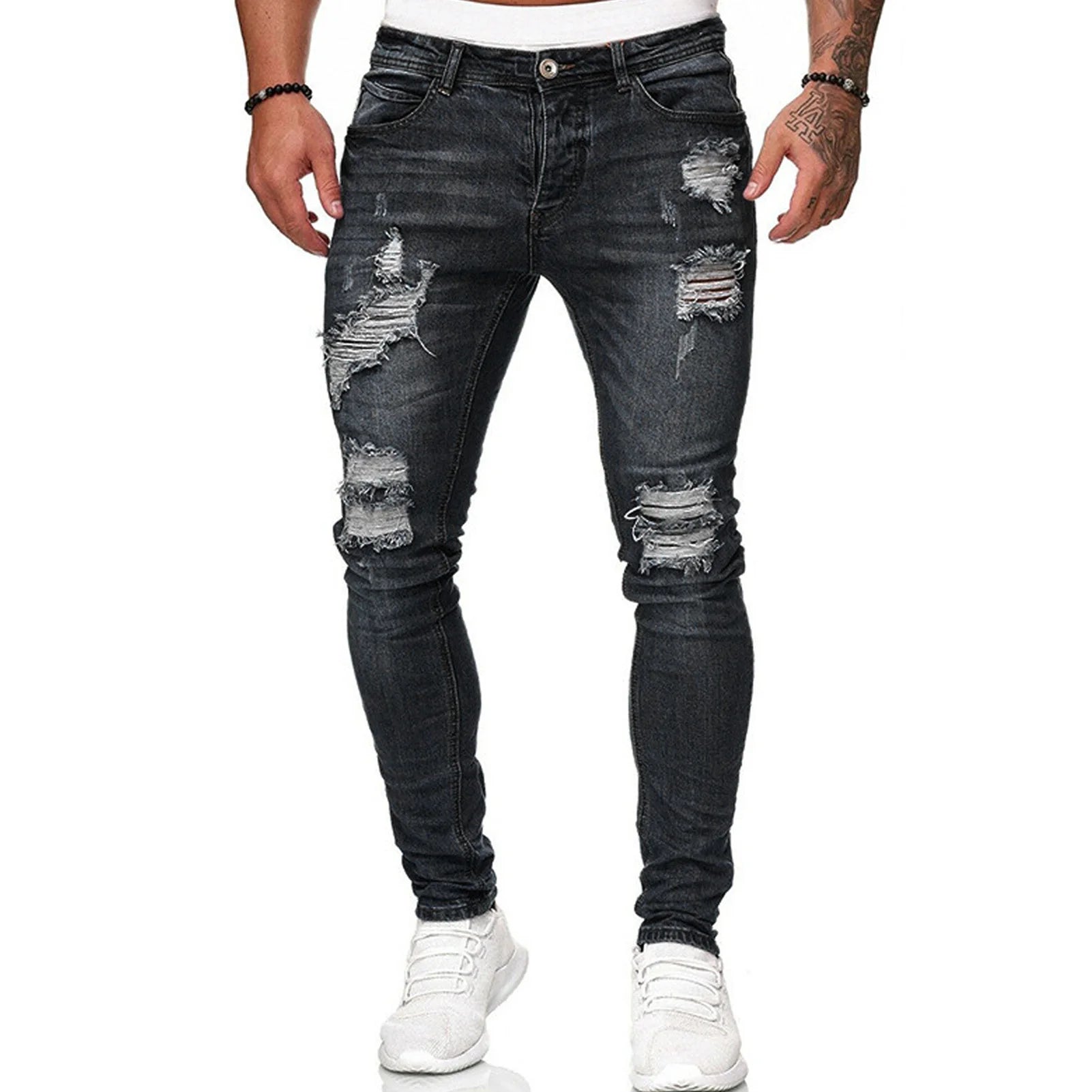 Pantalones desgastados para hombre, pantalones informales a la moda con botones y cremallera, pantalones ajustados con bolsillos para viajes, fiestas, pantalones casuales
