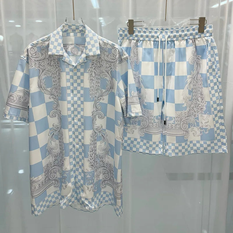 Conjuntos de camisa hawaiana Social de lujo para hombre, Top de manga corta con solapa a la moda, pantalones cortos, traje de 2 piezas, traje informal holgado para hombre