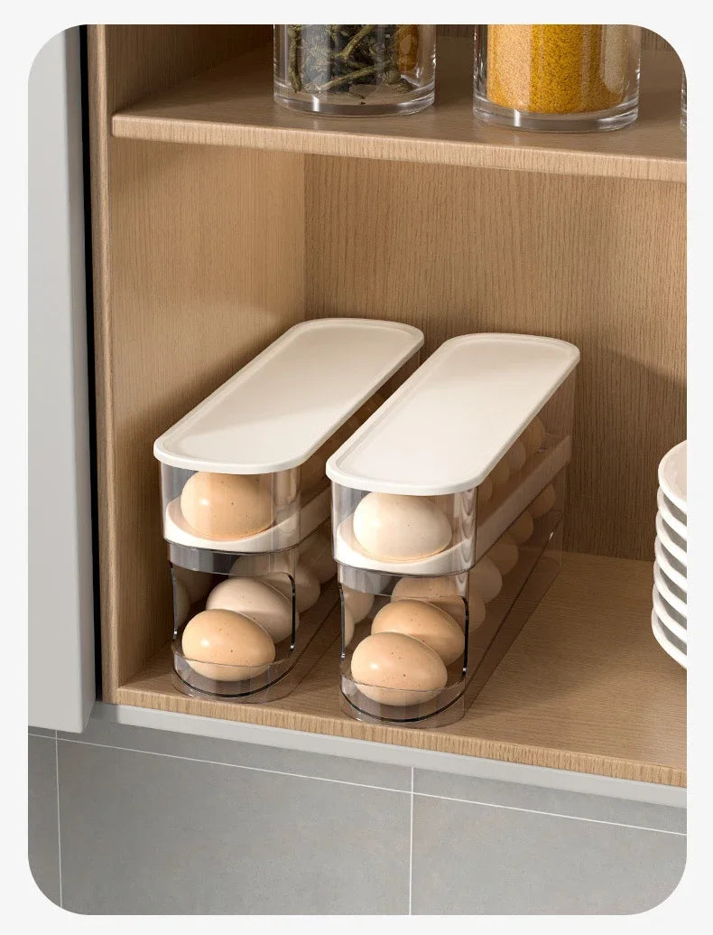 Caja de huevos tipo diapositiva, doble rodillo automático para huevos, puerta lateral para refrigerador, almacenamiento de huevos, soporte para huevos para encimera de cocina