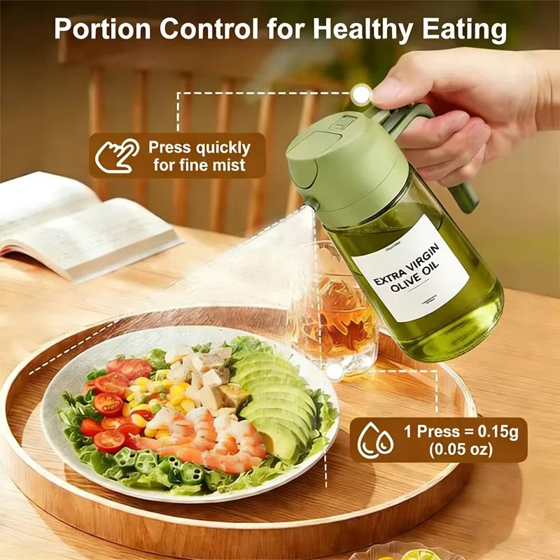 Dispensador y Rociador de Aceite de Vidrio 2 en 1, 16oz/470ml, Antiderrames, para Cocina, Freidora de Aire, Barbacoa, Repostería, Ensaladas - Botella Rociadora de Aceite de Oliva