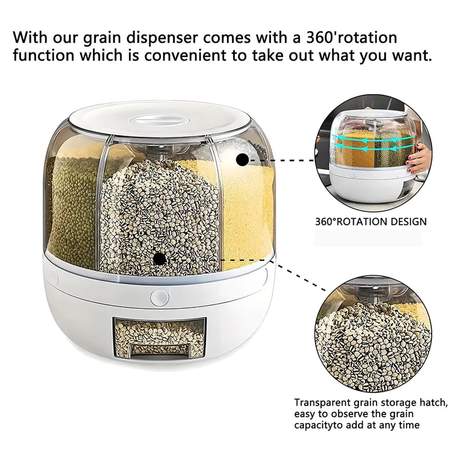 360 °   Dispensador de alimentos giratorio de 6 rejillas, contenedor hermético de almacenamiento de cocina para cereales, cereales y productos secos
