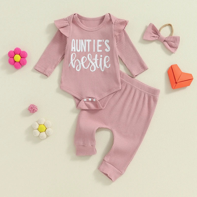 Conjunto de 3 piezas para niñas de 0 a 12 meses, pelele con volantes y manga larga con estampado de letras, Tops, pantalones largos, trajes con banda para el pelo