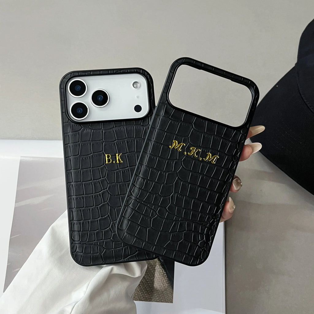 Funda de piel sintética con patrón de cocodrilo clásico con nombre personalizado de lujo para iPhone 17 16 15 14 13 12 11 Pro Max 17 estampado de lámina caliente de aire
