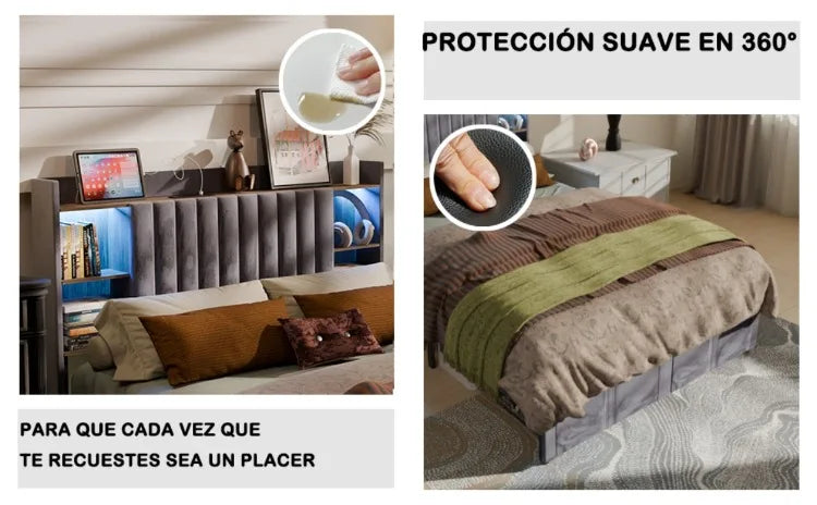 Base de Cama con Almacenamiento y Cabecero de Terciopelo, Estación de Carga, Bases de Cama Regulables, Cama de Lujo con Cabecero de Ala, Muebles de Lujo