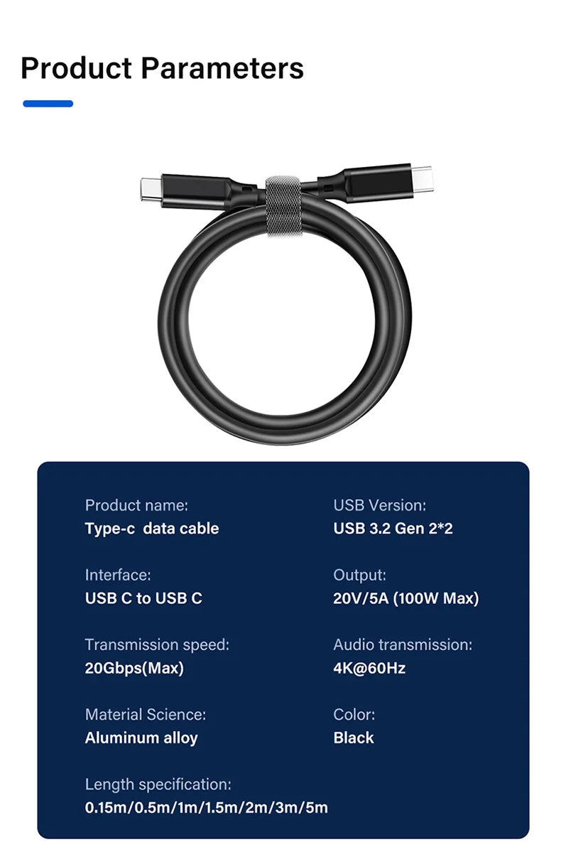 Cable USB 3,2 Gen2 tipo C a C para Macbook Air Pro Switch Steam Deck, Samsung, Xiaomi, 100W, USBC ThunderBolt 3, 1/2/3/5 m