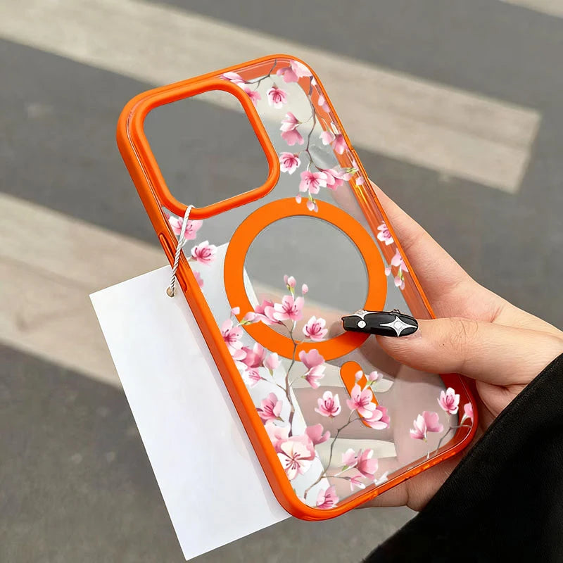 Funda de teléfono magnética con diseño de fondo Floral elegante de cereza rosa para iPhone 17 16 15 14 13 12 Pro Max 11 16 Plus 16E 17Air