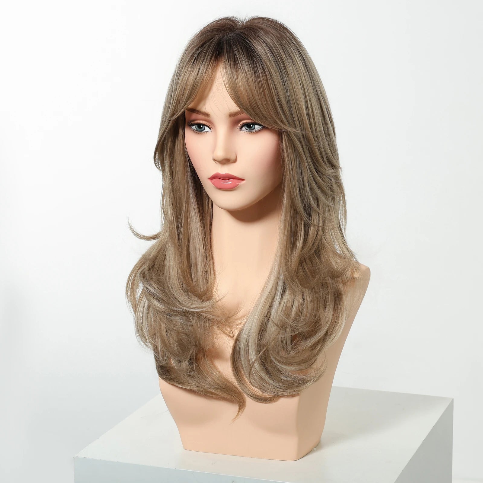 Pelucas Allbell Magique de largo ondulado en capas, pelo marrón miel con flequillo lateral para mujeres, pelucas sintéticas naturales resistentes al calor para uso diario