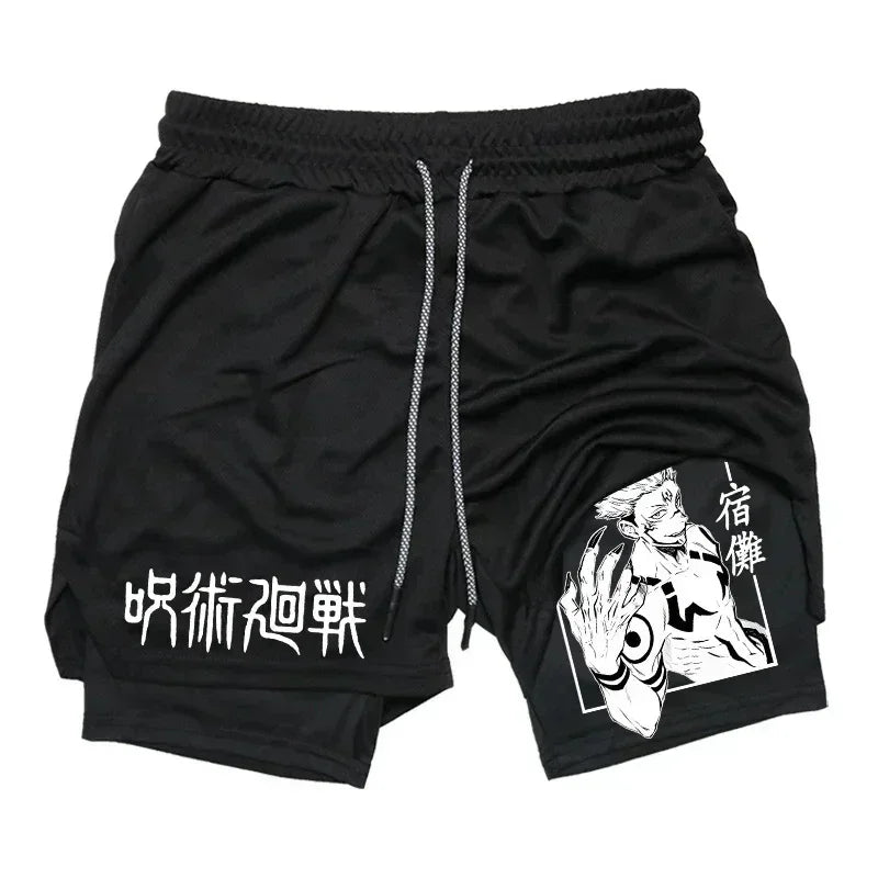 Pantalones cortos deportivos para hombre Jujutsu Kaisen Anime Graphic 2 en 1 pantalones cortos de compresión para hombre pantalones cortos de rendimiento de gimnasio de secado rápido atléticos