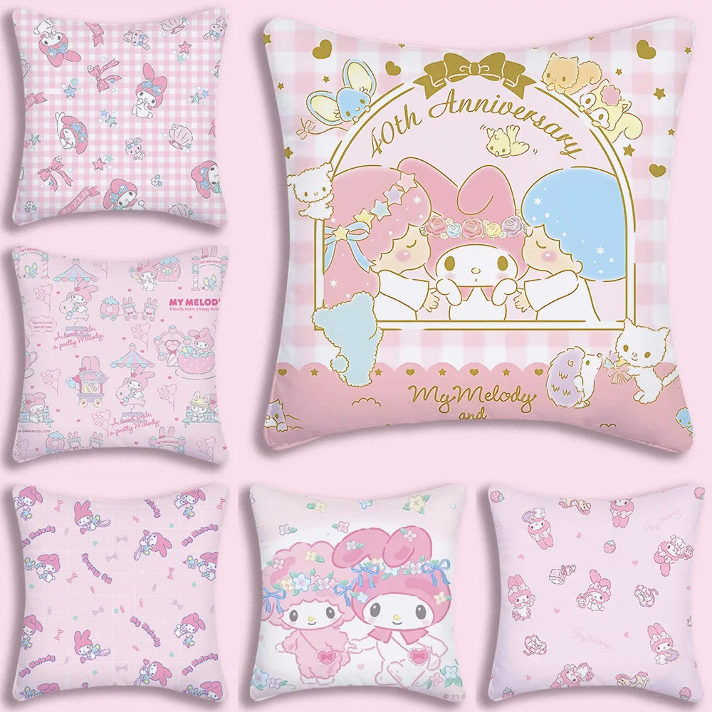 Sanrios-fundas de almohada rosa My Melody, sofá decorativo de dibujos animados para el hogar, estampado de doble cara, cojín bonito de felpa corto, nueva funda