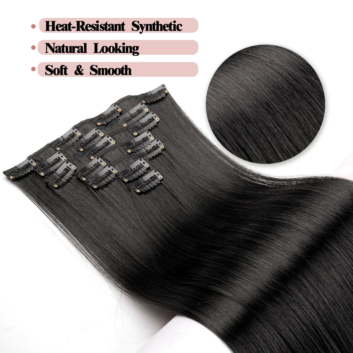 Buabuda-extensiones de cabello sintético largo y liso, 16Clips, fibra de alta temperatura, color rubio, negro y marrón