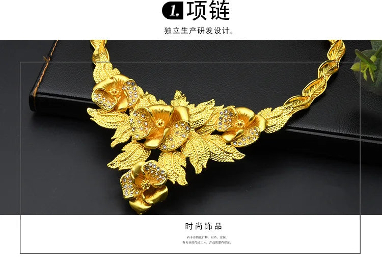Juego de joyería nupcial de lujo en oro 24k Au999 para novias africanas y mujeres saudíes, collar, pulsera, aretes y anillo, 4 piezas, regalo.